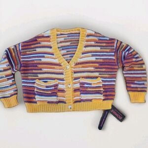 Romwe‎ Striped Space Dye Button Front Cardigan Orange Purple Yellow Womens Small
